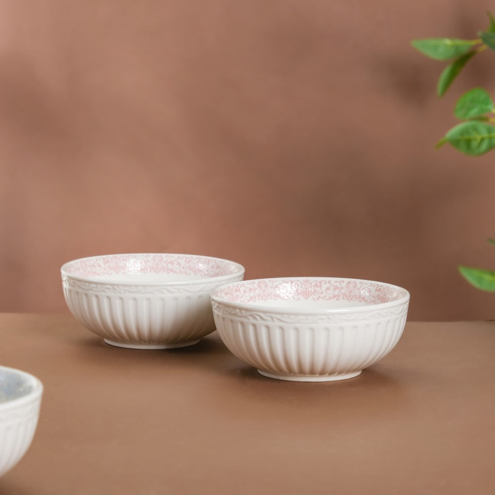 Engraved Rim Ceramic Snack Bowl Pink Set Of 2