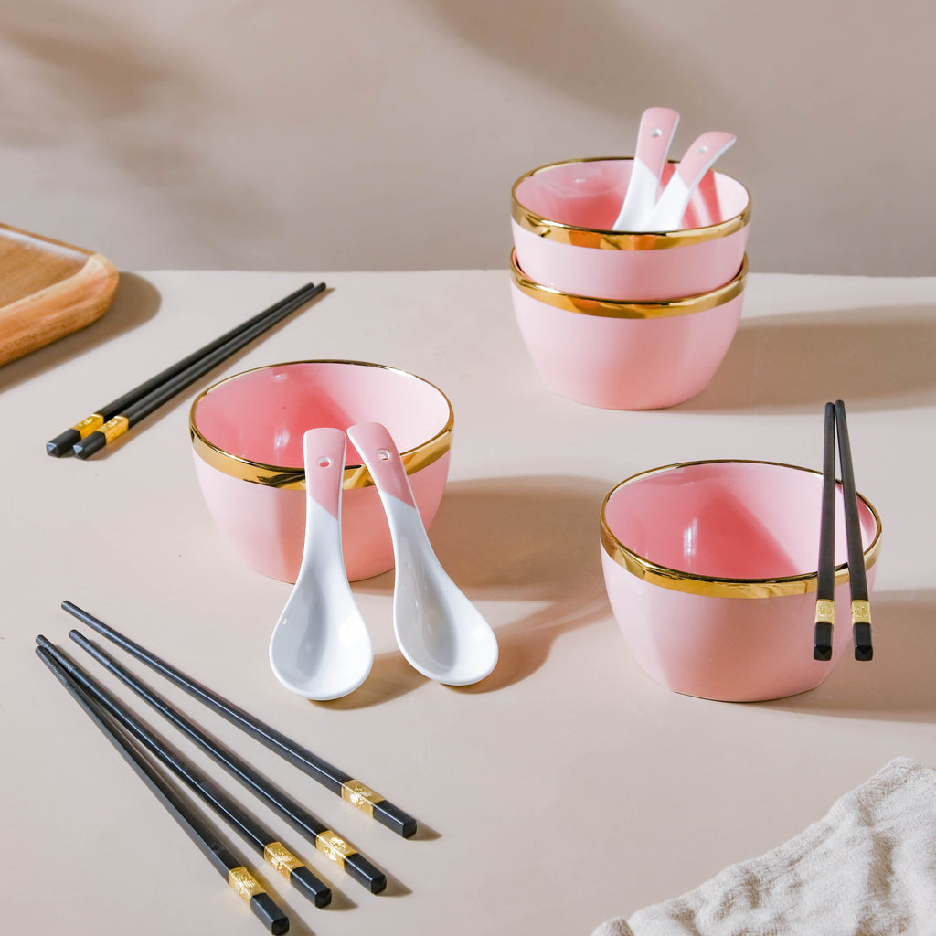 Petunia Pink Snack Bowl Set Of 4 With Chopsticks And Soup Spoons