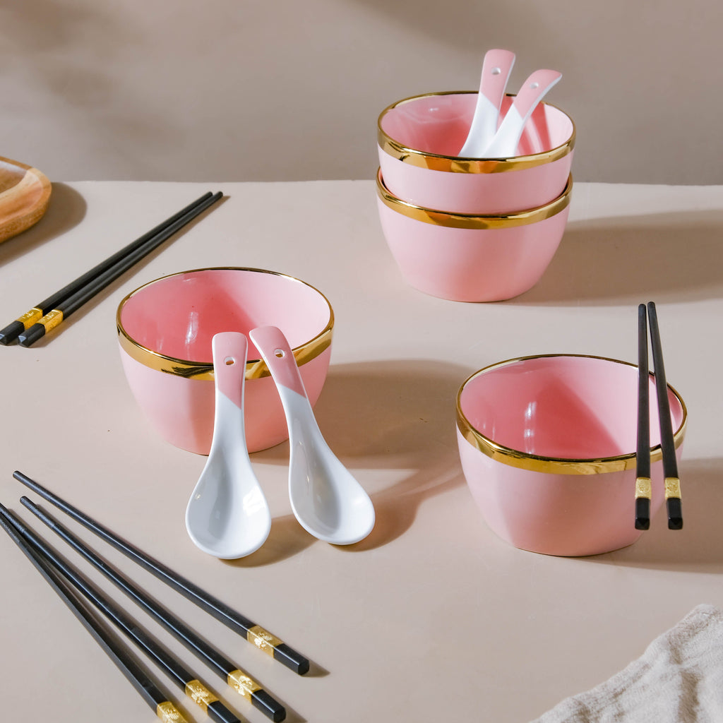 Petunia Pink Snack Bowl Set Of 4 With Chopsticks And Soup Spoons