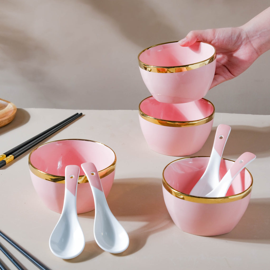 Petunia Pink Snack Bowl Set Of 4 With Chopsticks And Soup Spoons
