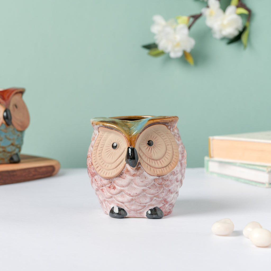 Colossal White Ceramic Owl Planter With Wooden Coaster