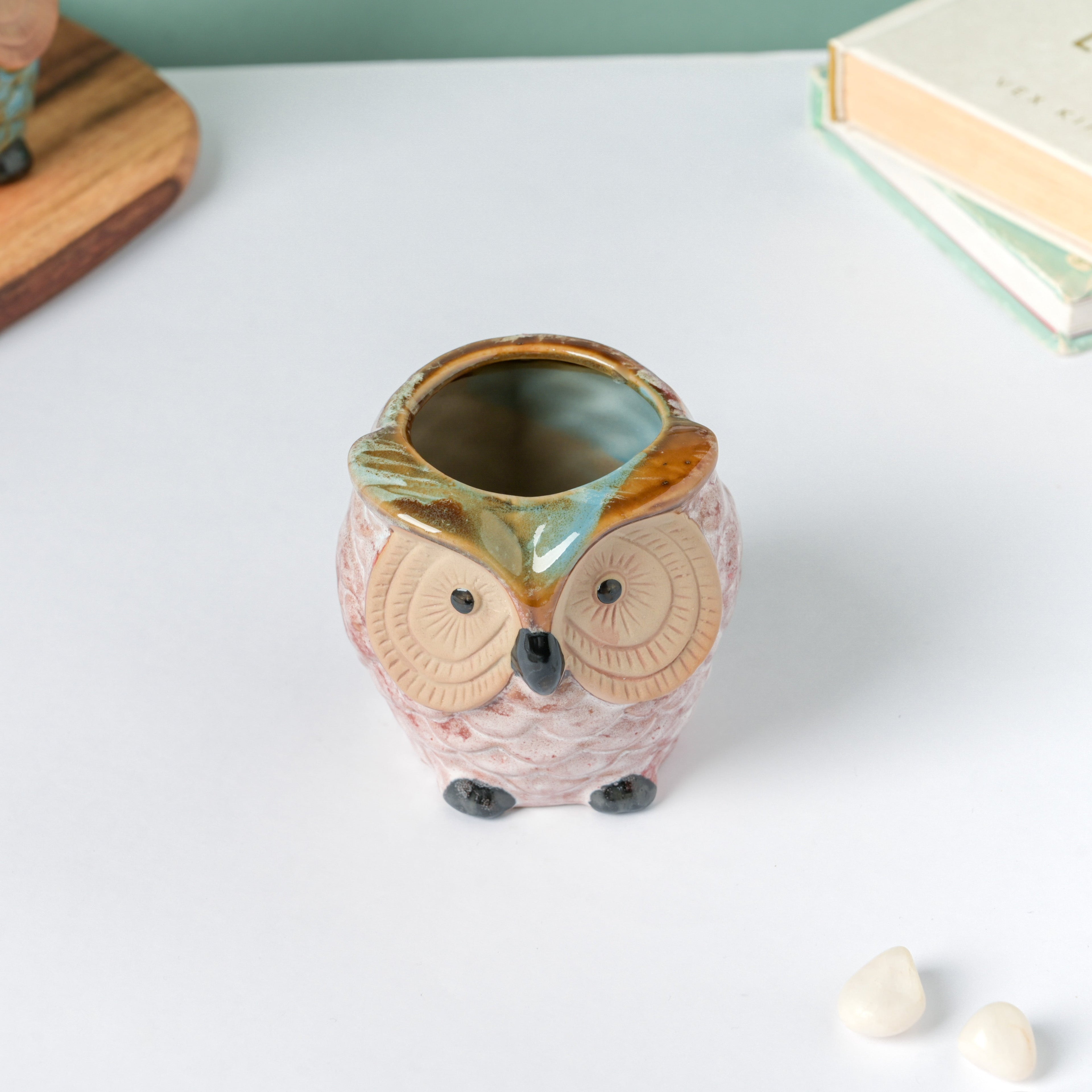 Colossal White Ceramic Owl Planter With Wooden Coaster