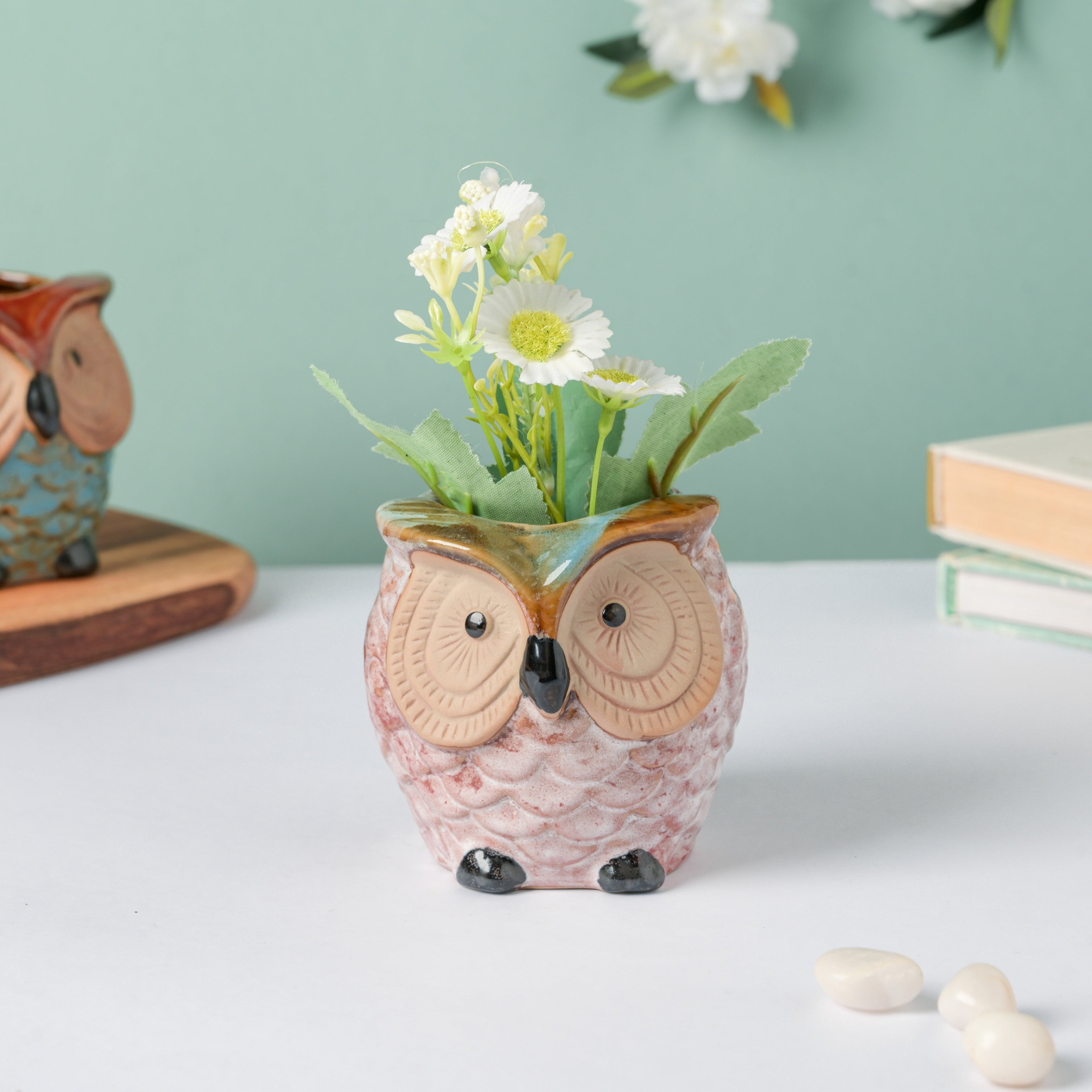 Colossal White Ceramic Owl Planter With Wooden Coaster