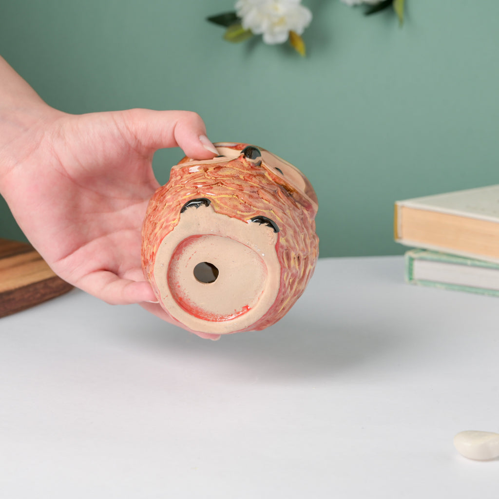 Orange Owl Ceramic Planter With Wooden Coaster
