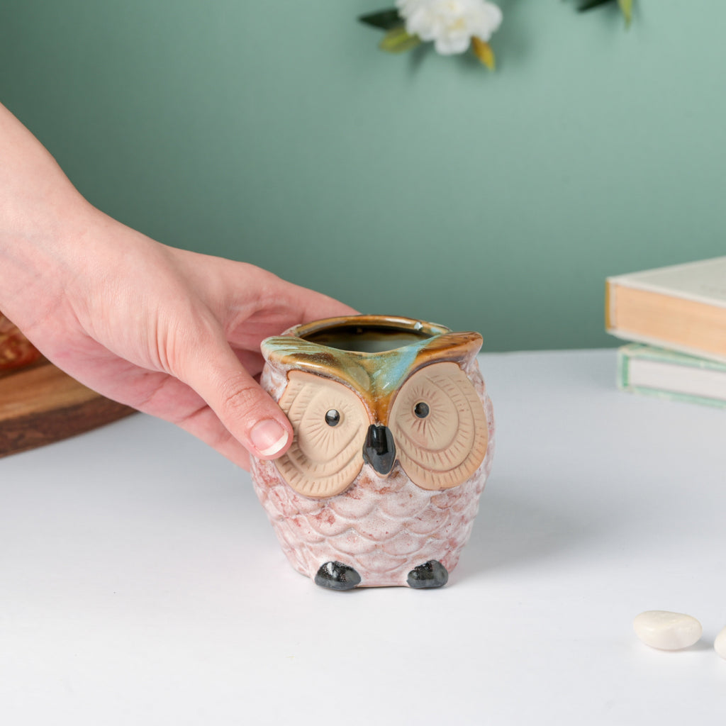 Colossal White Ceramic Owl Planter With Wooden Coaster