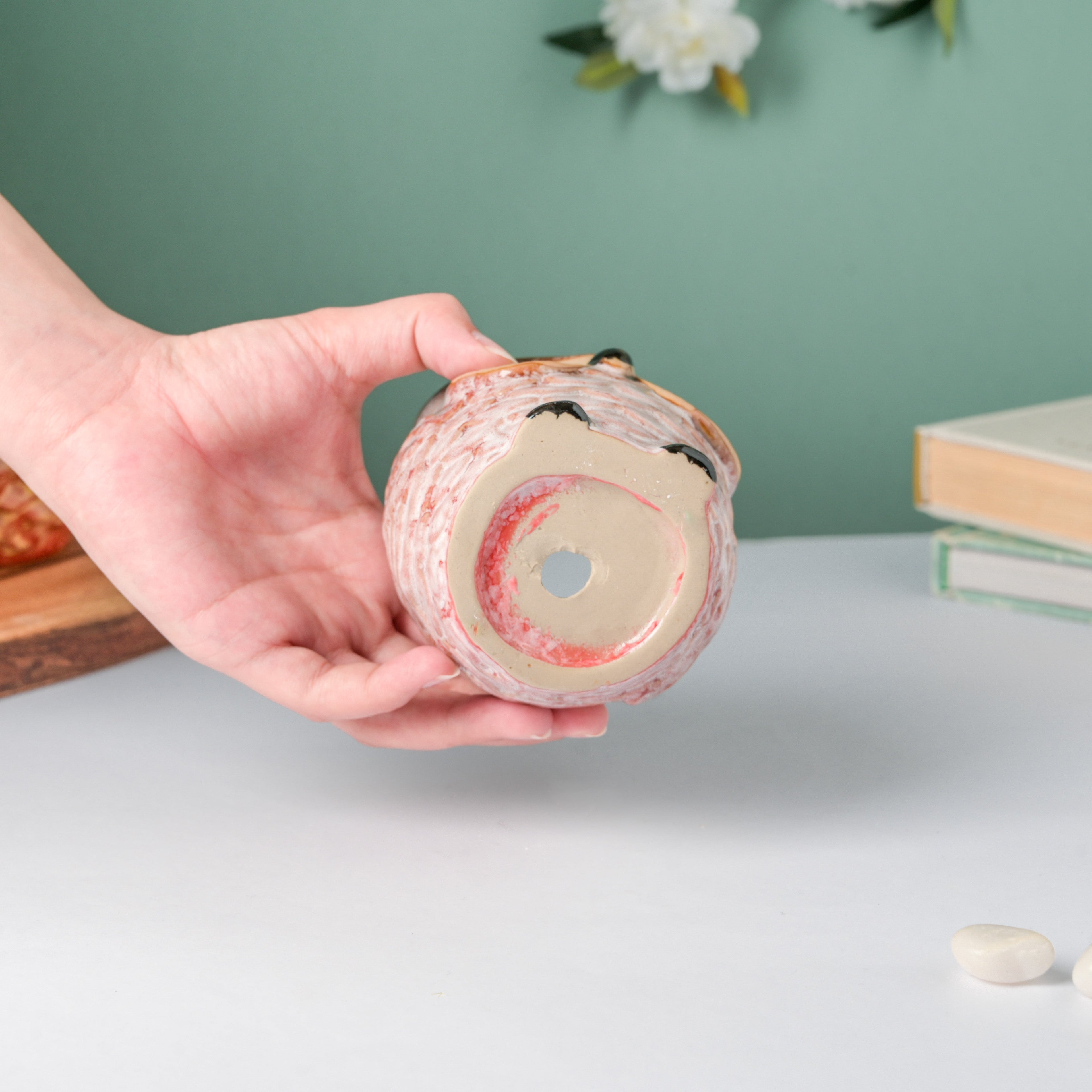 Colossal White Ceramic Owl Planter With Wooden Coaster