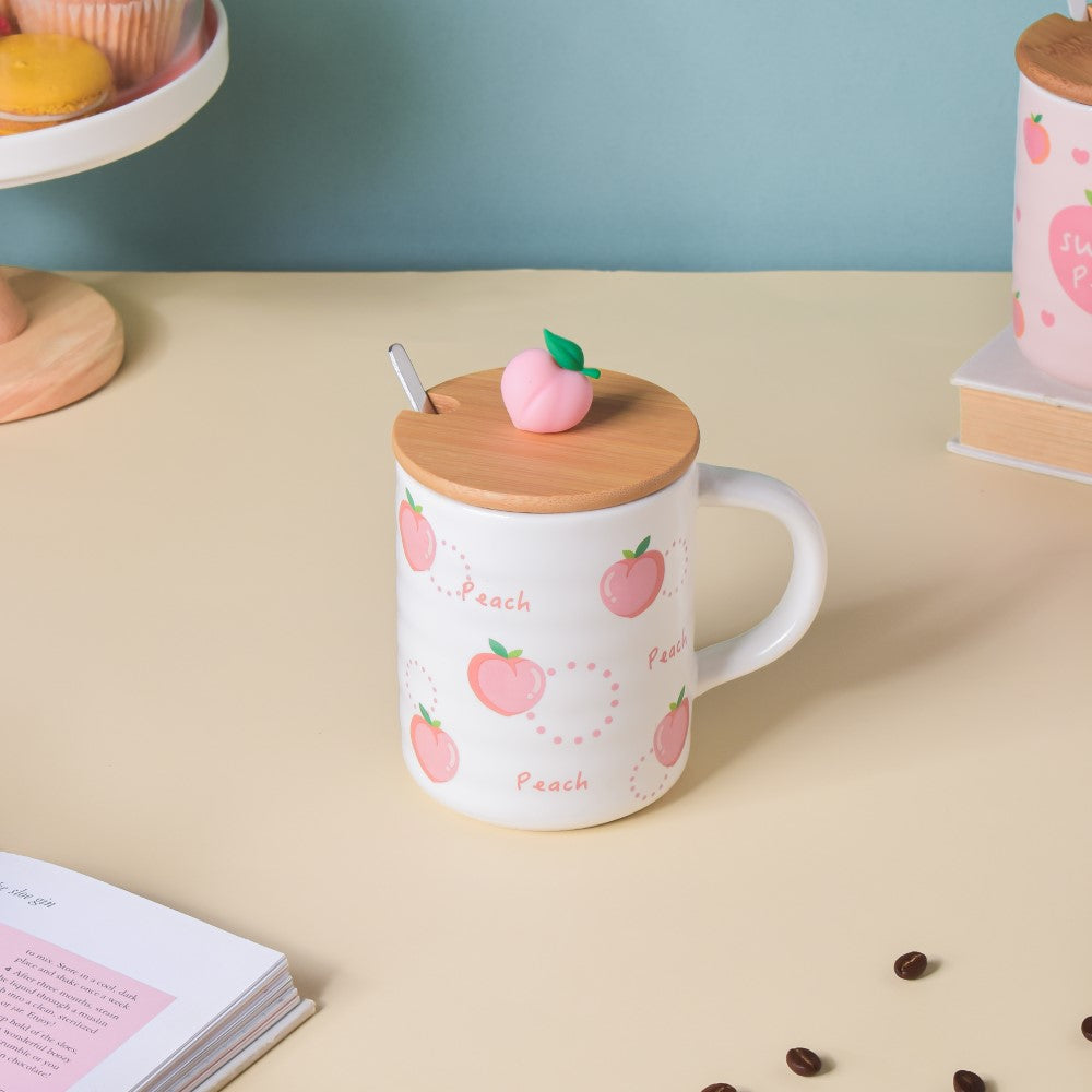 Morning Tea Mug Peach Patterned With Lid And Spoon 350 ml