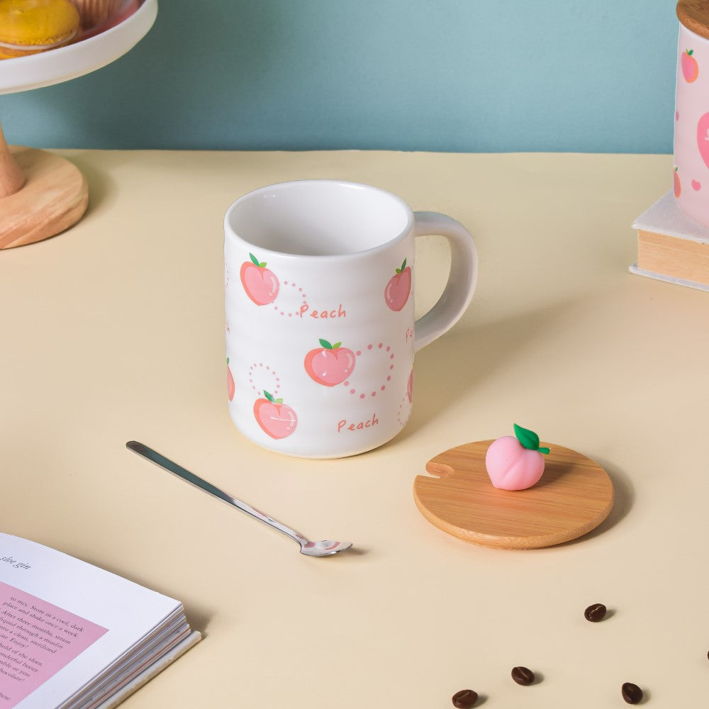 Morning Tea Mug Peach Patterned With Lid And Spoon 350 ml