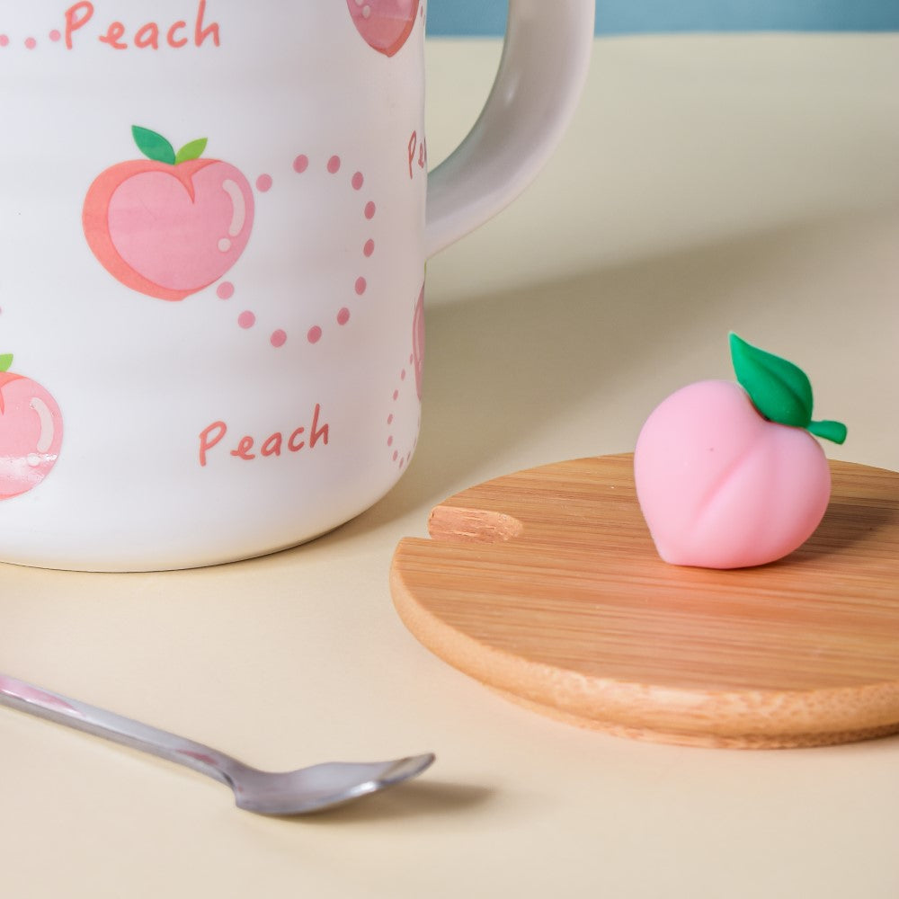 Morning Tea Mug Peach Patterned With Lid And Spoon 350 ml