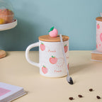 Morning Tea Mug Peach Patterned With Lid And Spoon 350 ml