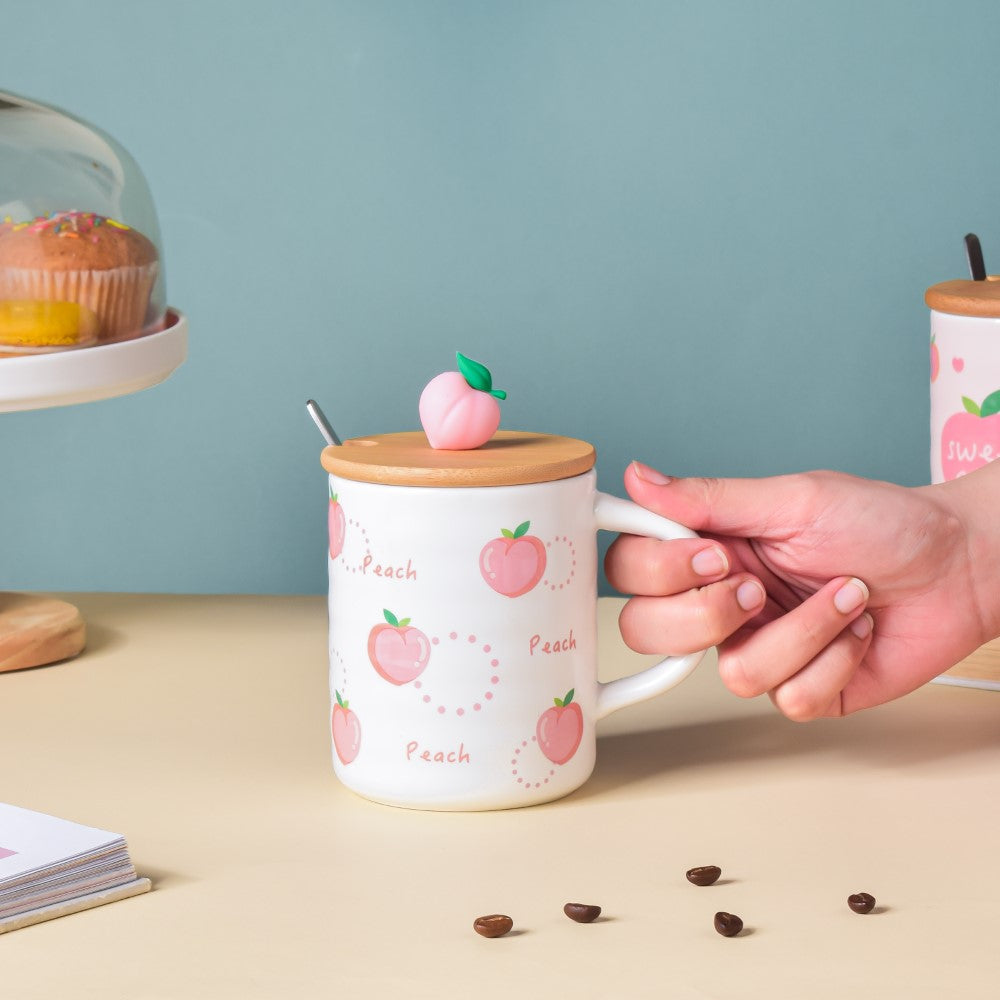 Morning Tea Mug Peach Patterned With Lid And Spoon 350 ml