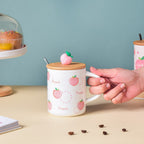 Morning Tea Mug Peach Patterned With Lid And Spoon 350 ml