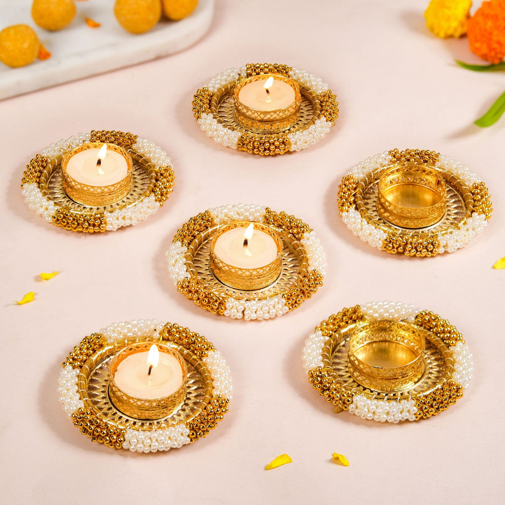 Decorative Pearl Gold Beaded Tealight Holders Set Of 6