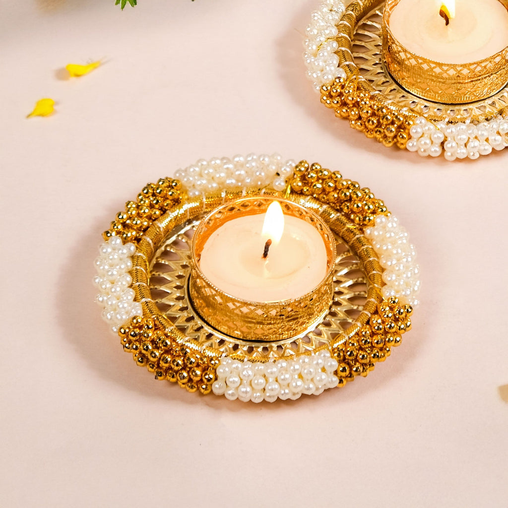 Decorative Pearl Gold Beaded Tealight Holders Set Of 6