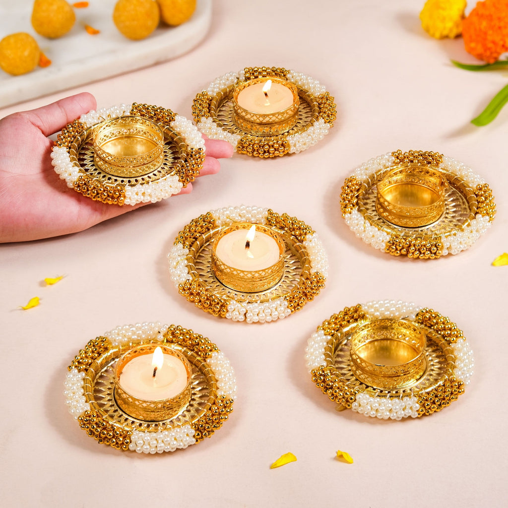 Decorative Pearl Gold Beaded Tealight Holders Set Of 6