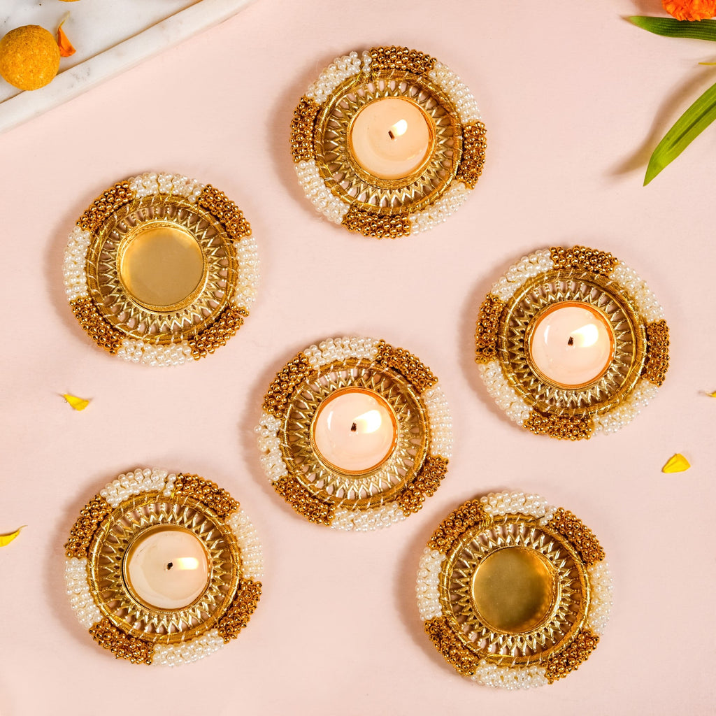 Decorative Pearl Gold Beaded Tealight Holders Set Of 6