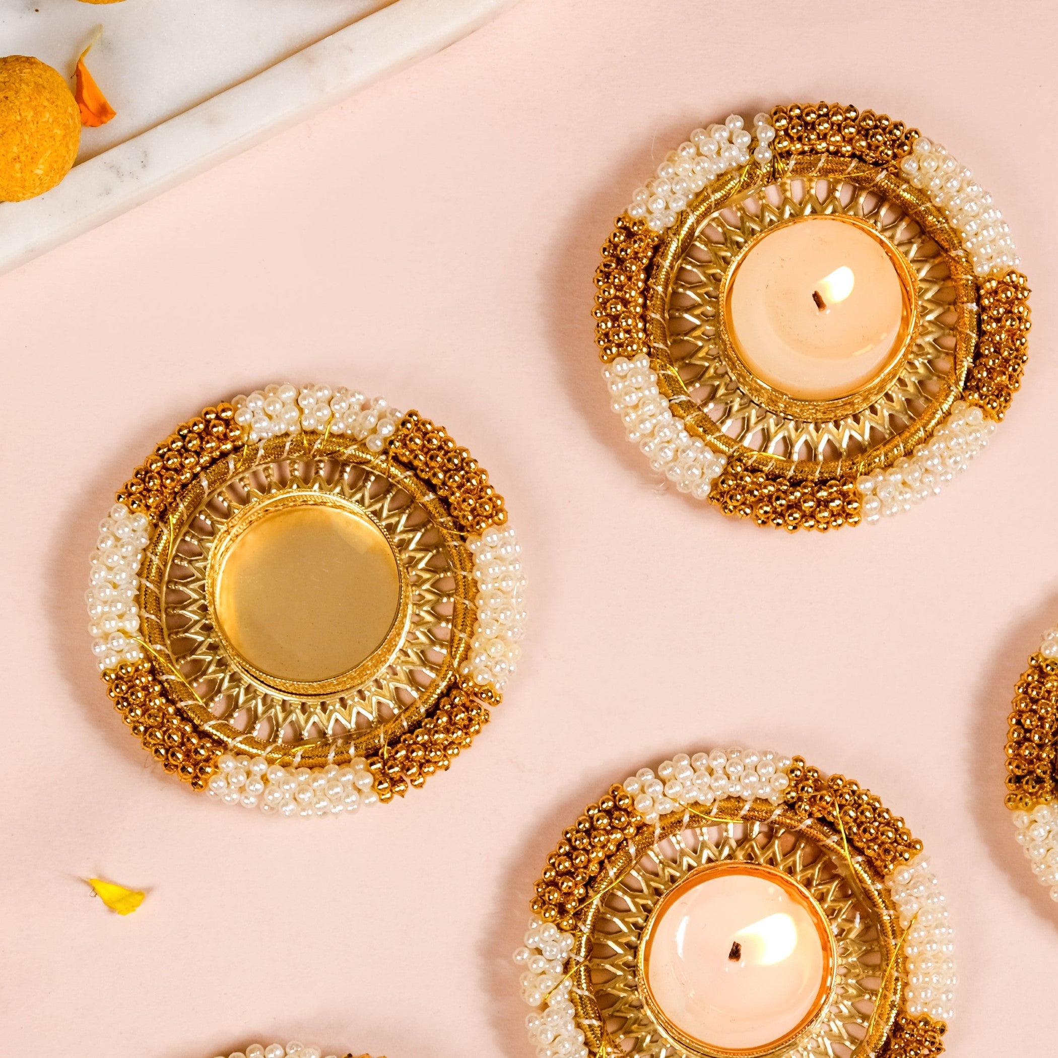 Decorative Pearl Gold Beaded Tealight Holders Set Of 6