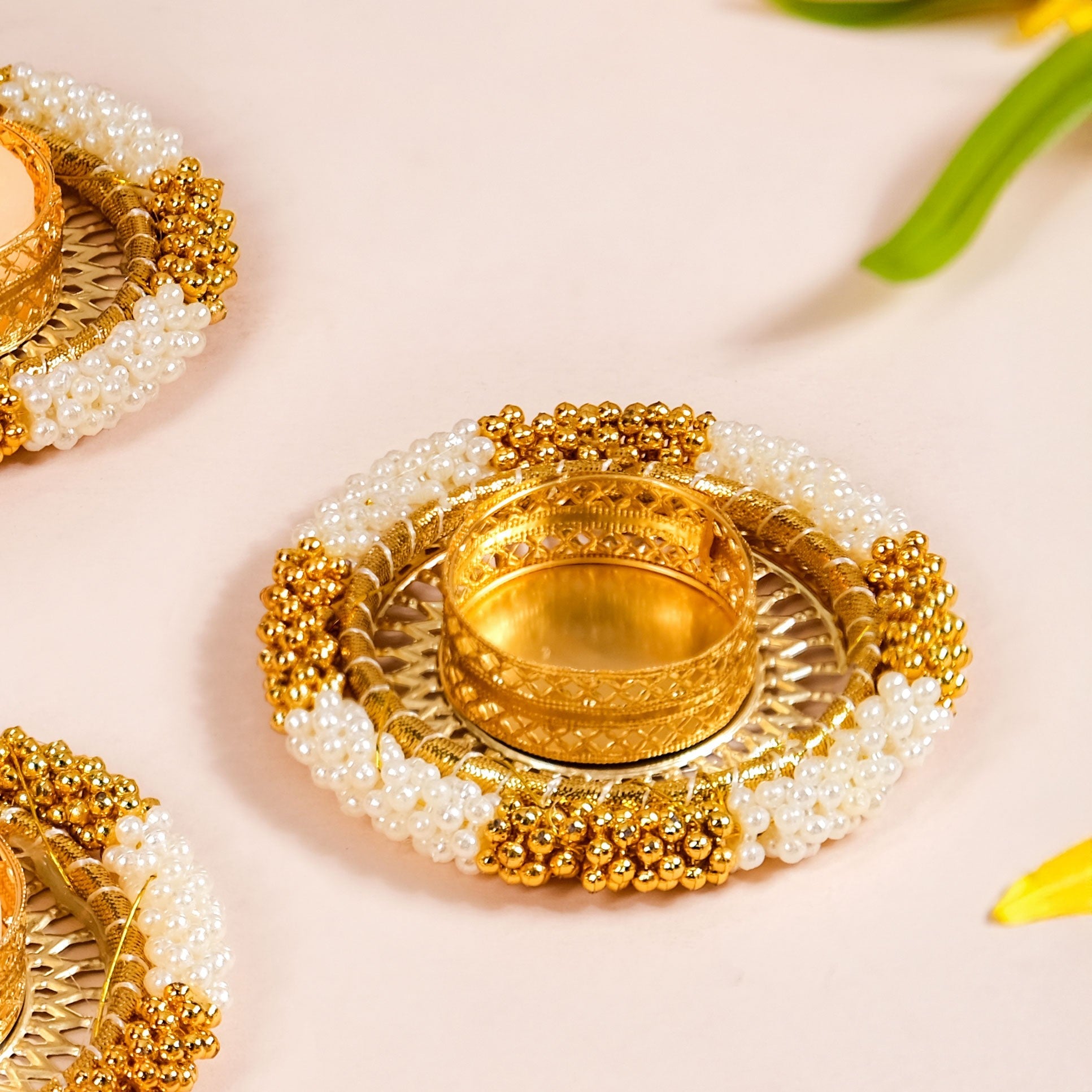 Decorative Pearl Gold Beaded Tealight Holders Set Of 6