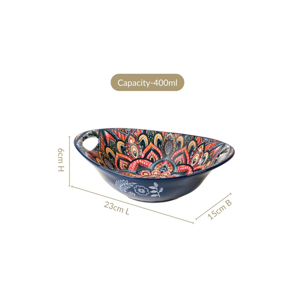 Mandala Melange Ceramic Long Dish With Handles Blue 400ml