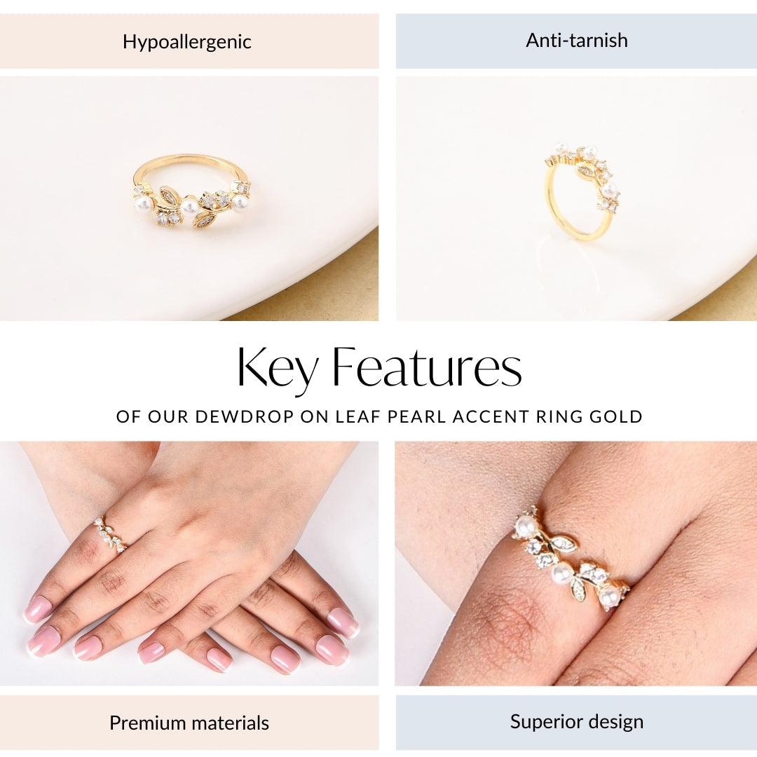 Dewdrop On Leaf Pearl Accent Ring Gold