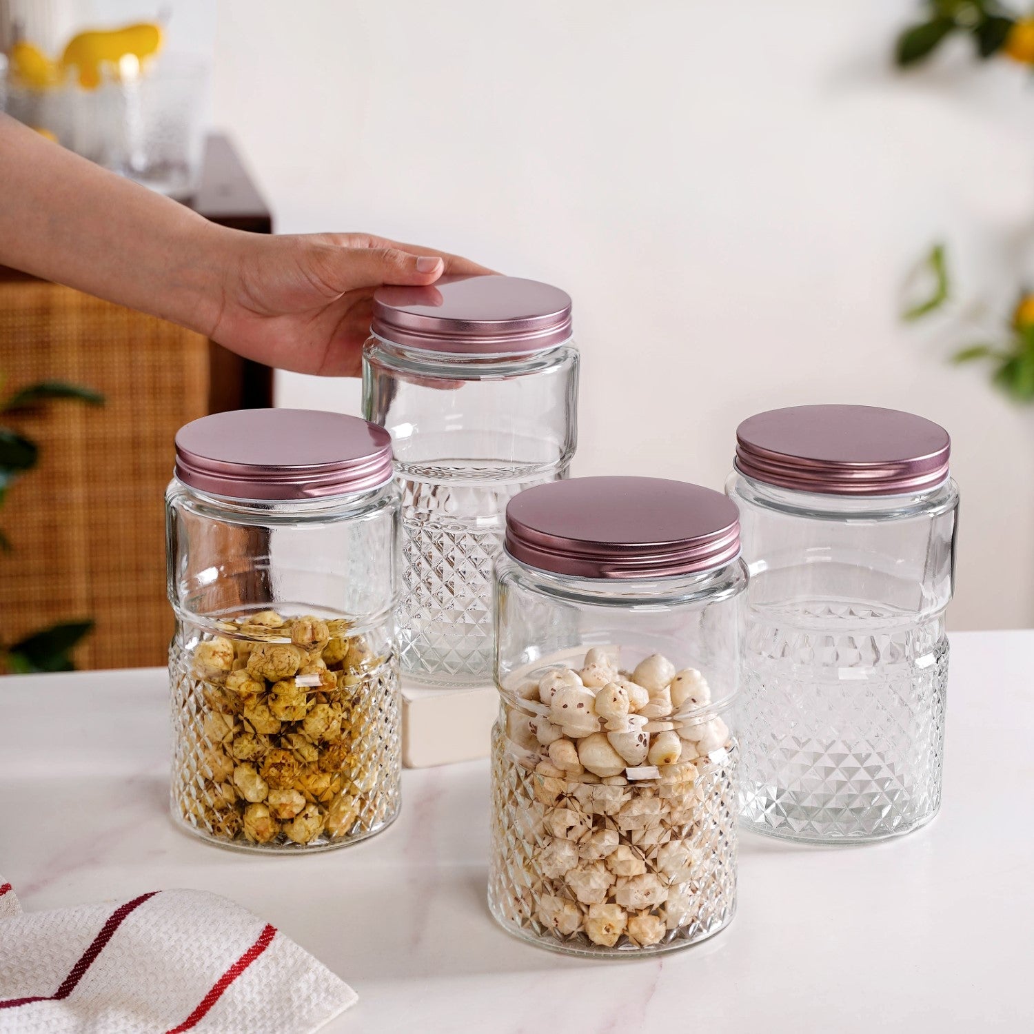 Diamond Embossed Storage Glass Jars With Lids Set Of 4 1000ml