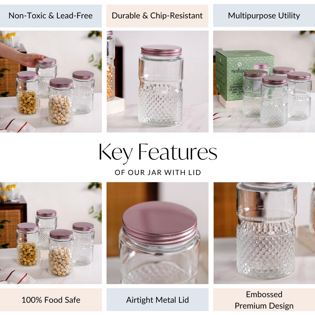 Diamond Embossed Storage Glass Jars With Lids Set Of 4 1000ml