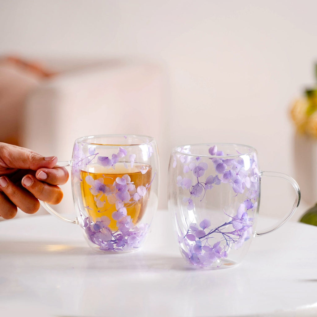 Double Wall Flower Inside Glass Insulated Mug Set Of 2 350ml