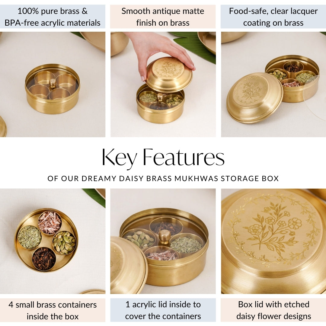 Daisy Brass Mukhwas Storage Box – Vintage Style with Secure Lid