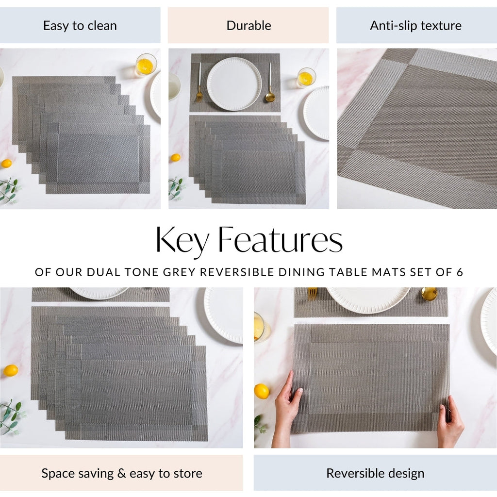 Dual Tone Grey Reversible Dining Table Mats Set Of 6