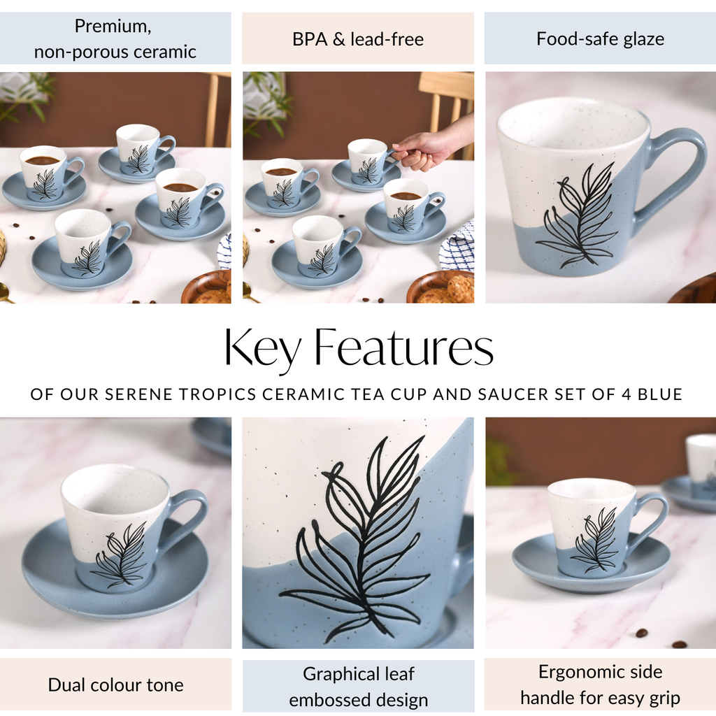 Serene Tropics Ceramic Tea Cup And Saucer Set Of 4 Blue 225ml