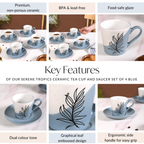 Serene Tropics Ceramic Tea Cup And Saucer Set Of 4 Blue 225ml