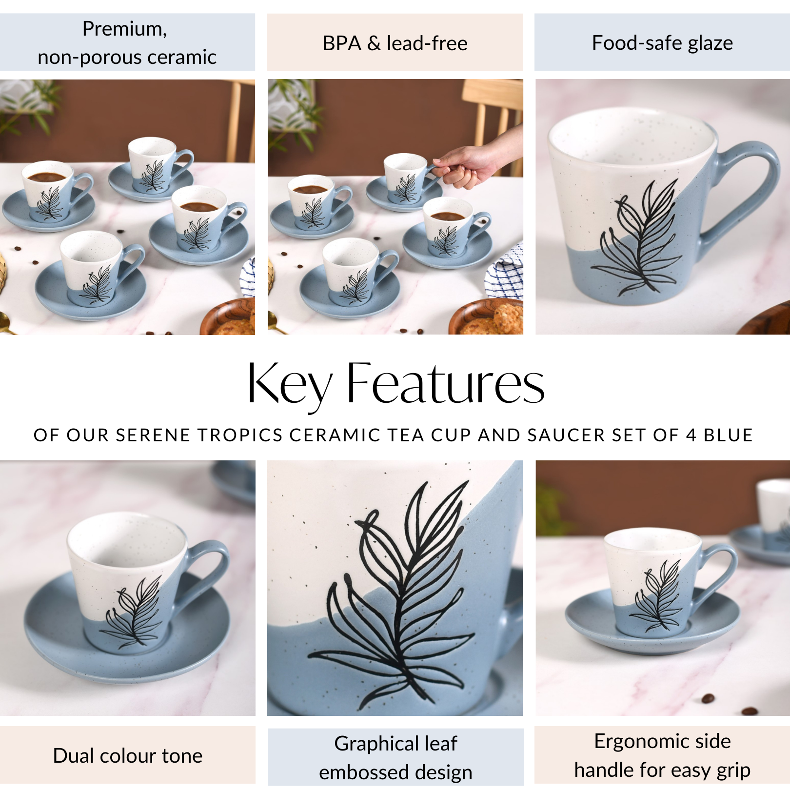 Serene Tropics Ceramic Tea Cup And Saucer Set Of 4 Blue 225ml