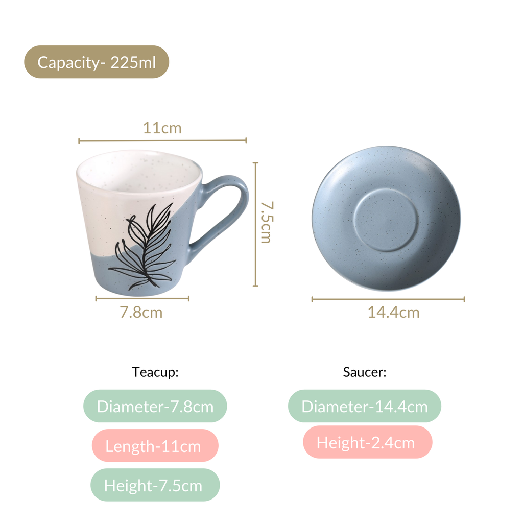 Serene Tropics Ceramic Tea Cup And Saucer Set Of 4 Blue 225ml