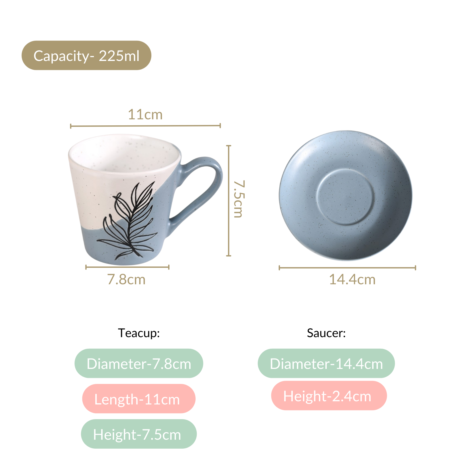 Serene Tropics Ceramic Tea Cup And Saucer Set Of 4 Blue 225ml