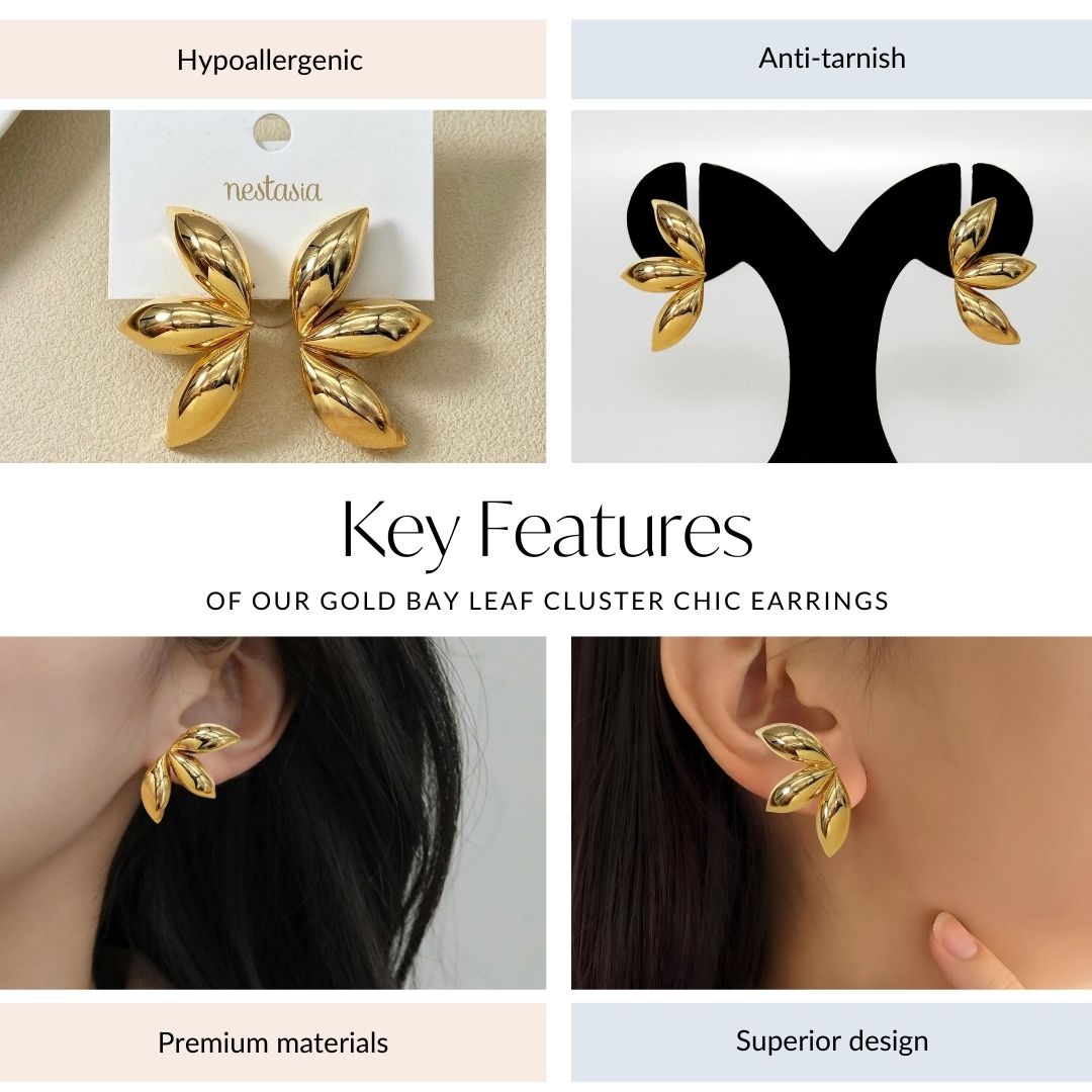 Gold Bay Leaf Cluster Chic Earrings