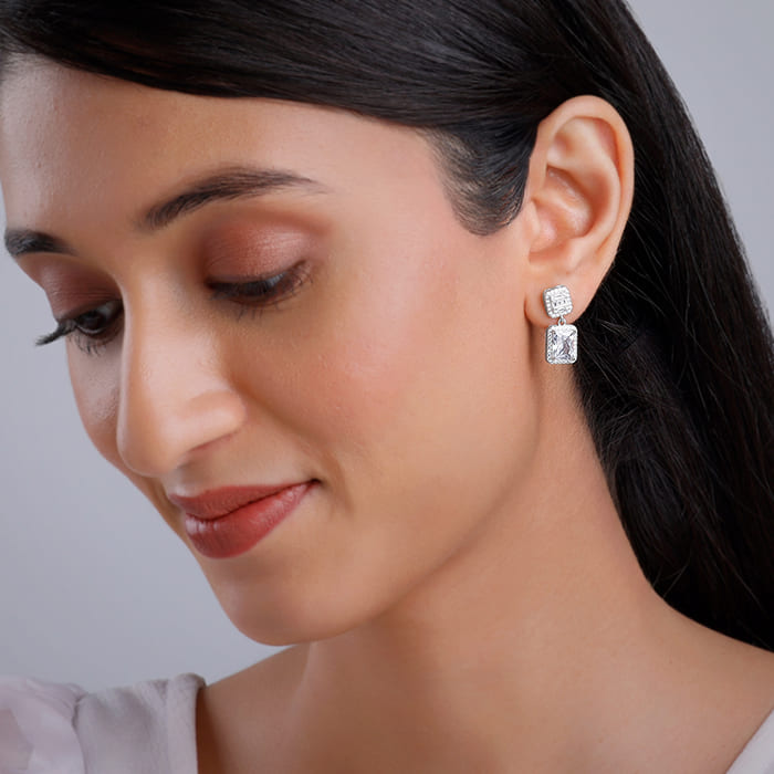 Anushka Sharma Silver Zircon Bold Baguette Earrings