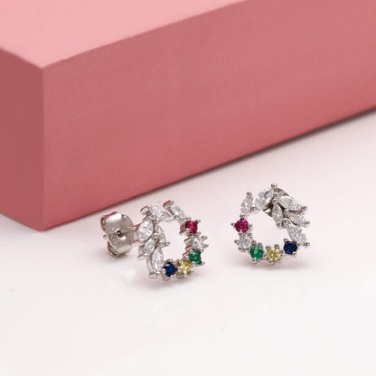 Silver Rainbow Wreath Stud Earrings