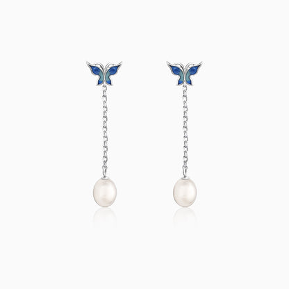Silver Butterfly Pearl Dangle Earrings