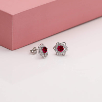 Silver Ruby Red Star Earrings