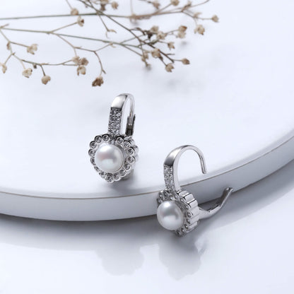 Silver Zircon Pearl Heart Earrings
