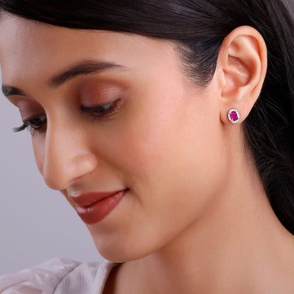 Silver Pink Oval Halo Studs