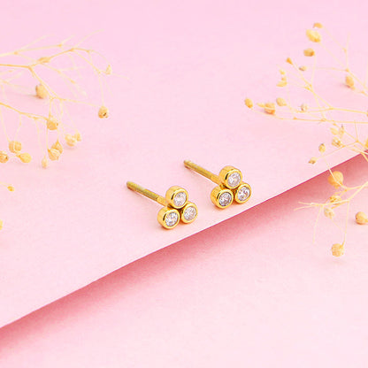 Golden Three-Stoned Stud  Earrings