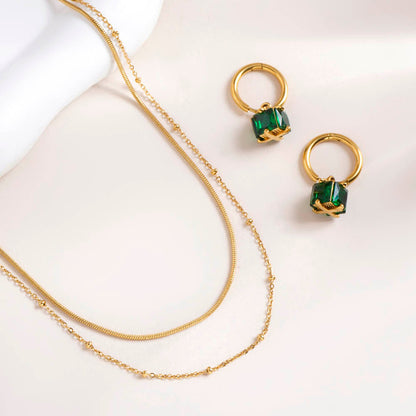 Emerald Hoop Earrings & Double layer choker necklace Combo Set