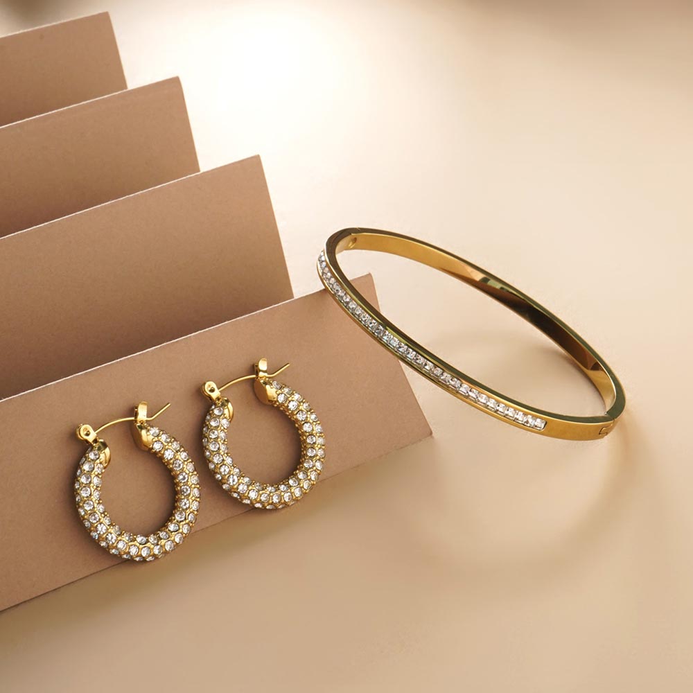 Diamond Studded Hoop Earrings & Sparkling Line Bangle Bracelet Combo Set