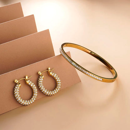 Diamond Studded Hoop Earrings & Sparkling Line Bangle Bracelet Combo Set