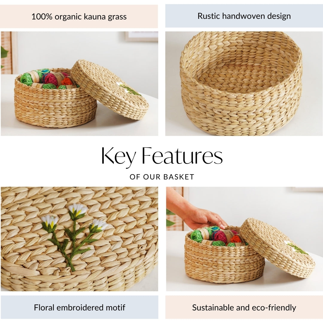 Kauna Round Basket With Lid – Handmade Box With Floral Embroidery