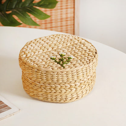 Kauna Round Basket With Lid – Handmade Box With Floral Embroidery