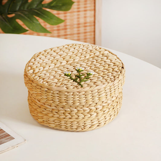 Kauna Round Basket With Lid – Handmade Box With Floral Embroidery