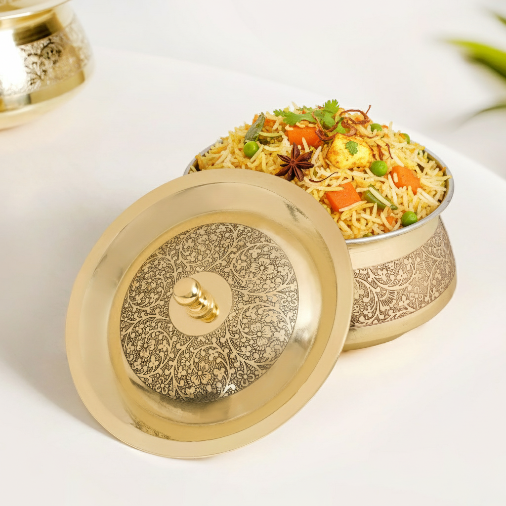 Embossed Pure Brass Handi Cooking Pot With Lid 1600ml