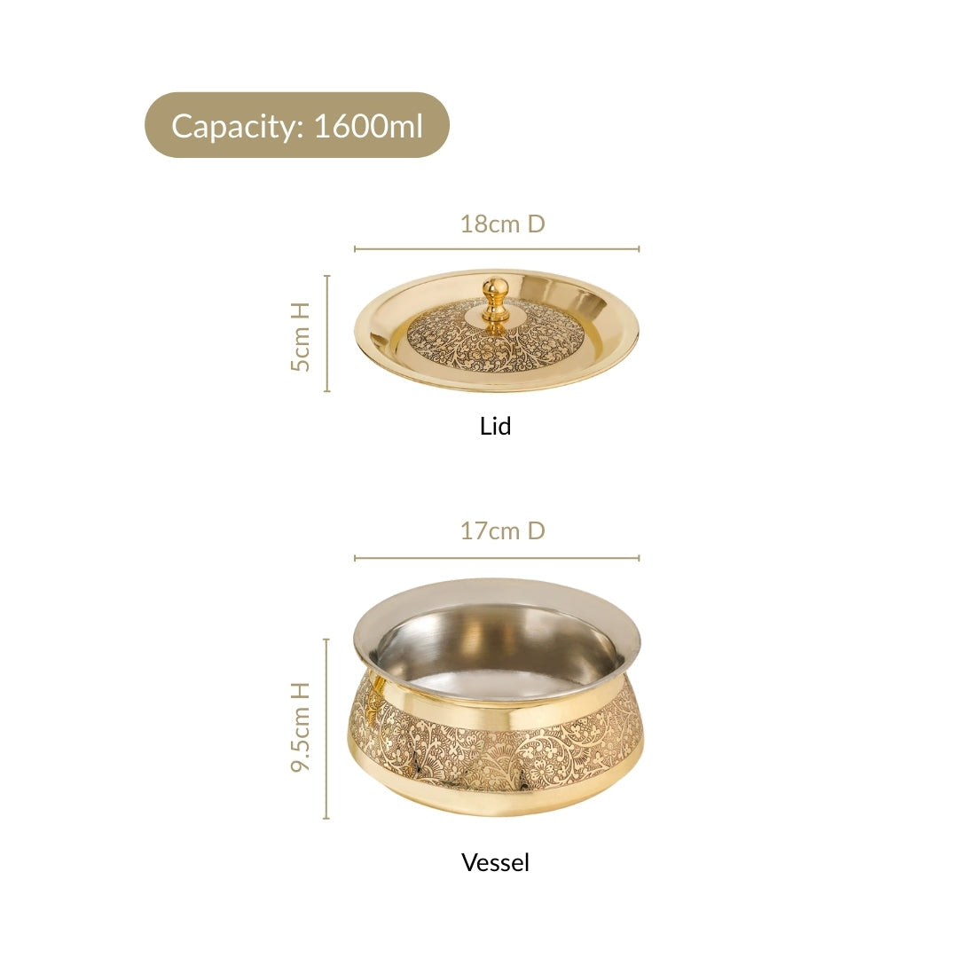 Embossed Pure Brass Handi Cooking Pot With Lid 1600ml